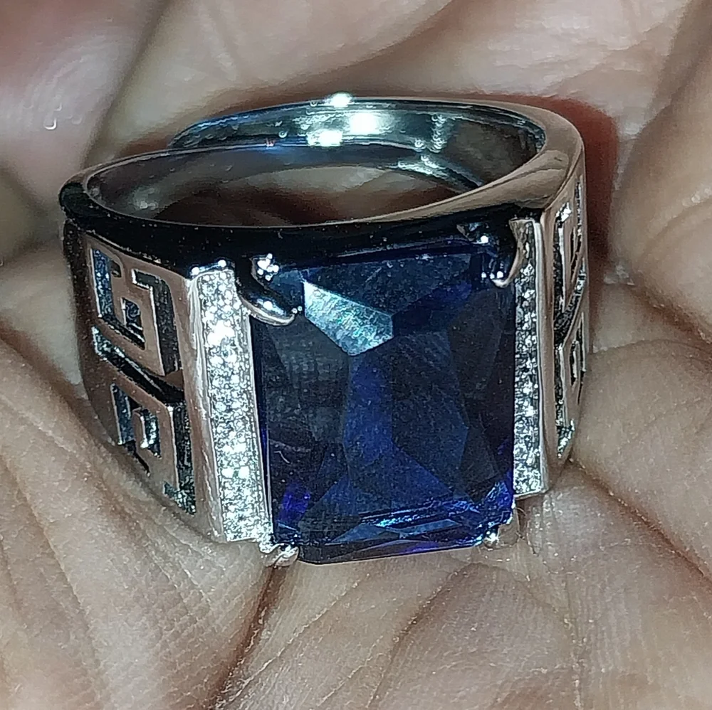 Men's 925 Silver Adjustable Ring with Blue Sapphire Gemstone